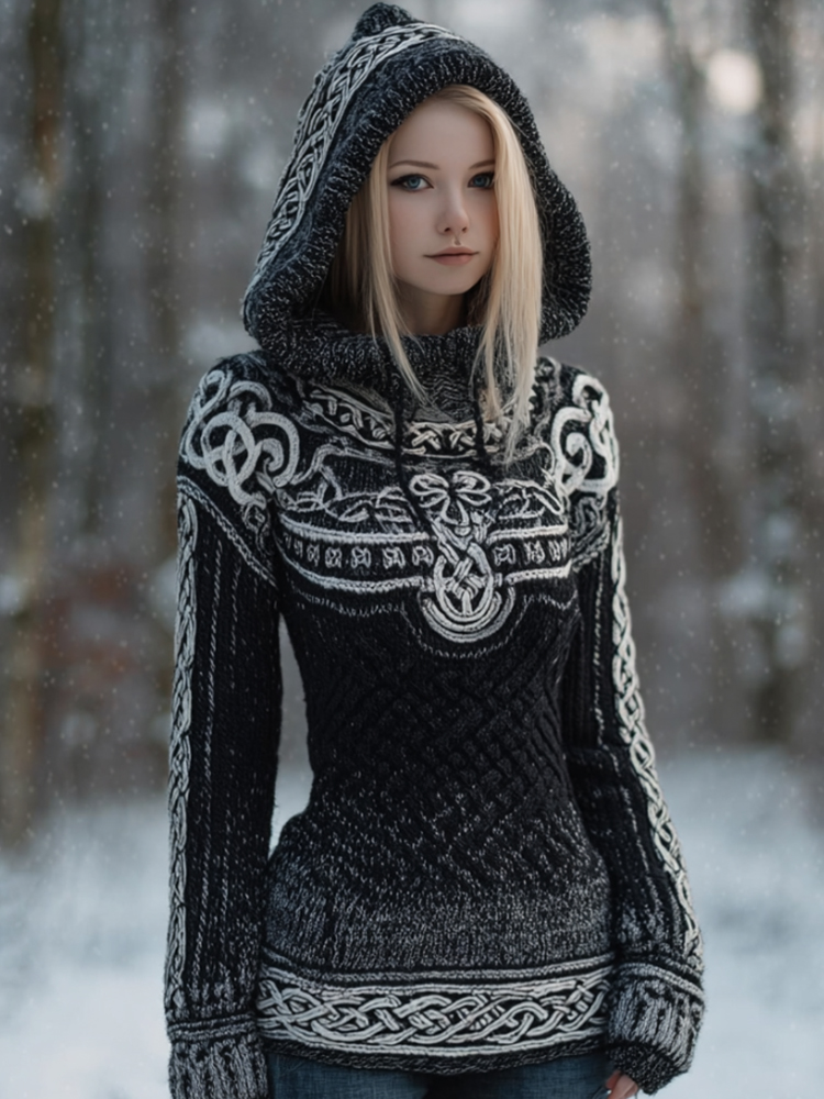 Women's Viking Style Celtic Knot Black And White Gradient Hooded Sweater