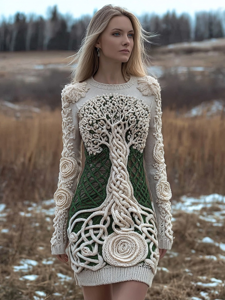 Viking Tree Of Life Vintage Cozy Knit Sweater Dress