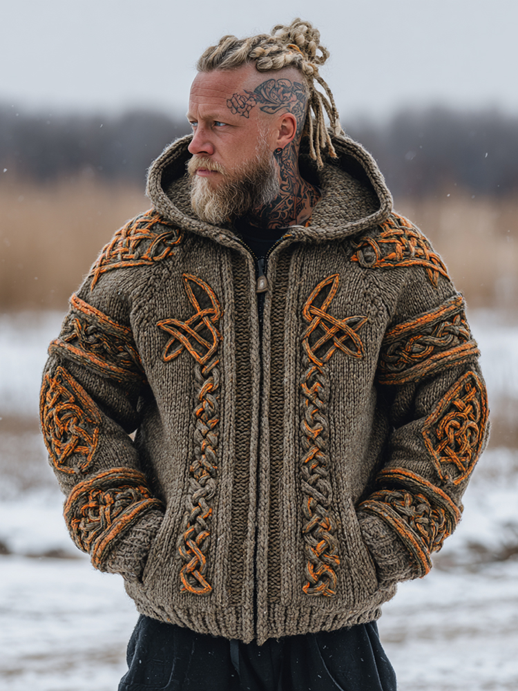Men's Vintage Viking Celtic Knot Cozy Zip Up Knit Hooded Sweater