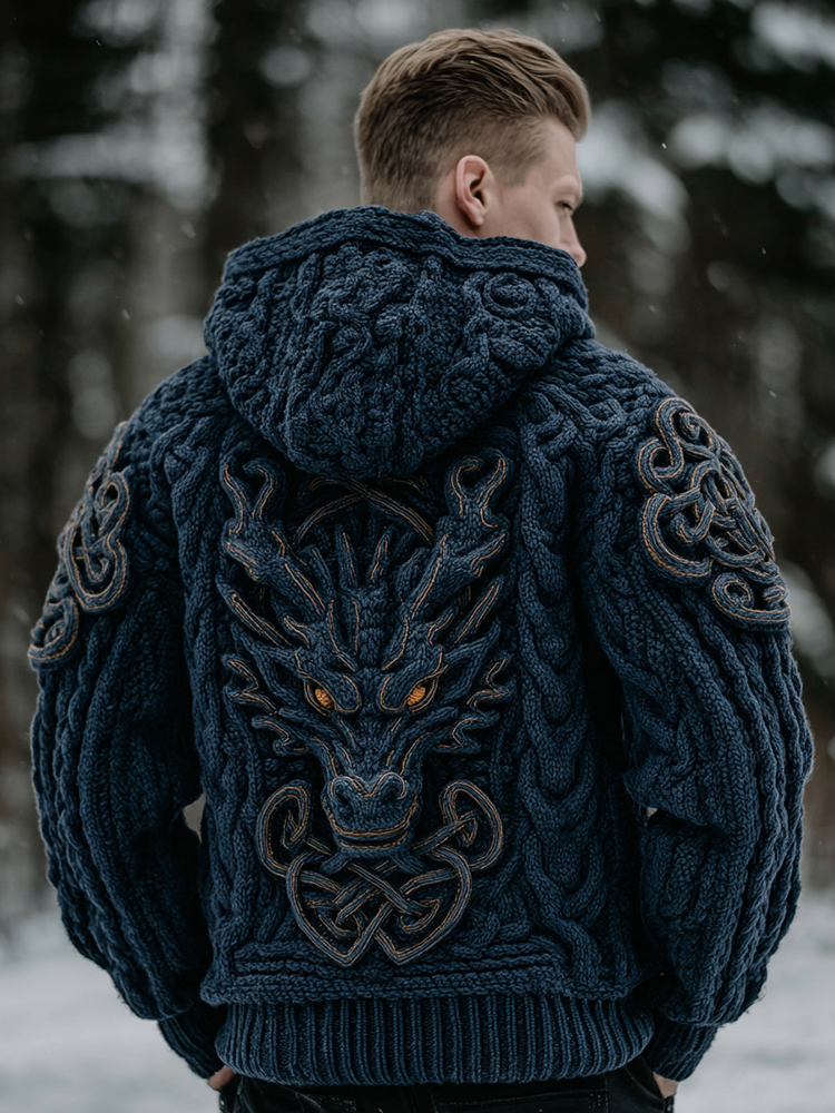Men's Viking Dragon Head Celtic Thick Hooded Sweater
