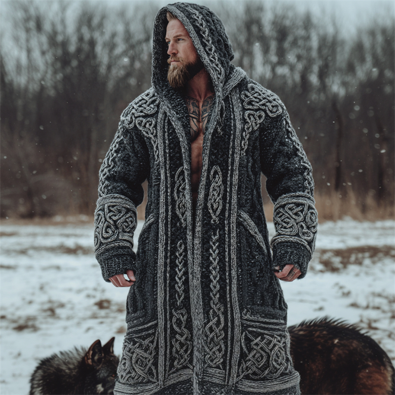 Men's Viking Contrast Celtic Knot Chunky Cozy Hooded Long Cardigan