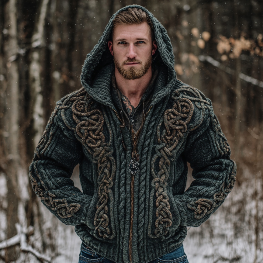 Men's Vintage Viking Celtic Knot Art Chunky Knit Hooded Zip-up Sweater