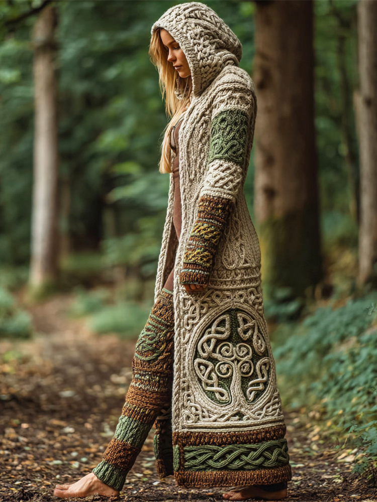 Celtic Tree Irish Art Women's Hooded Knit Long Cardigan