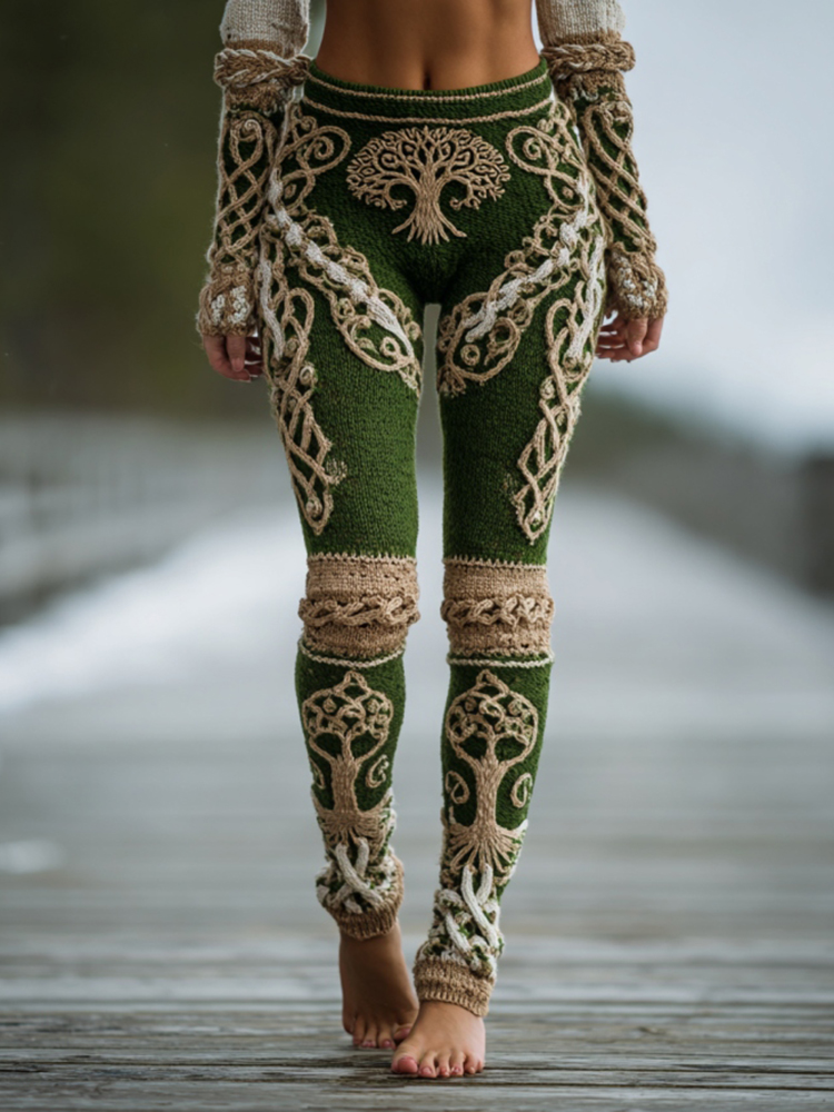 Women's Vintage Viking Tree Of Life Celtic Knot Jacquard Leggings