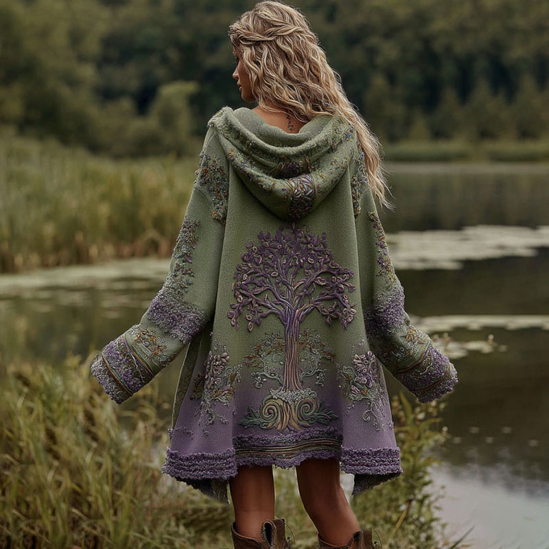 Women's Viking Life Of Tree Art Knitted Cozy Hooded Cardigan