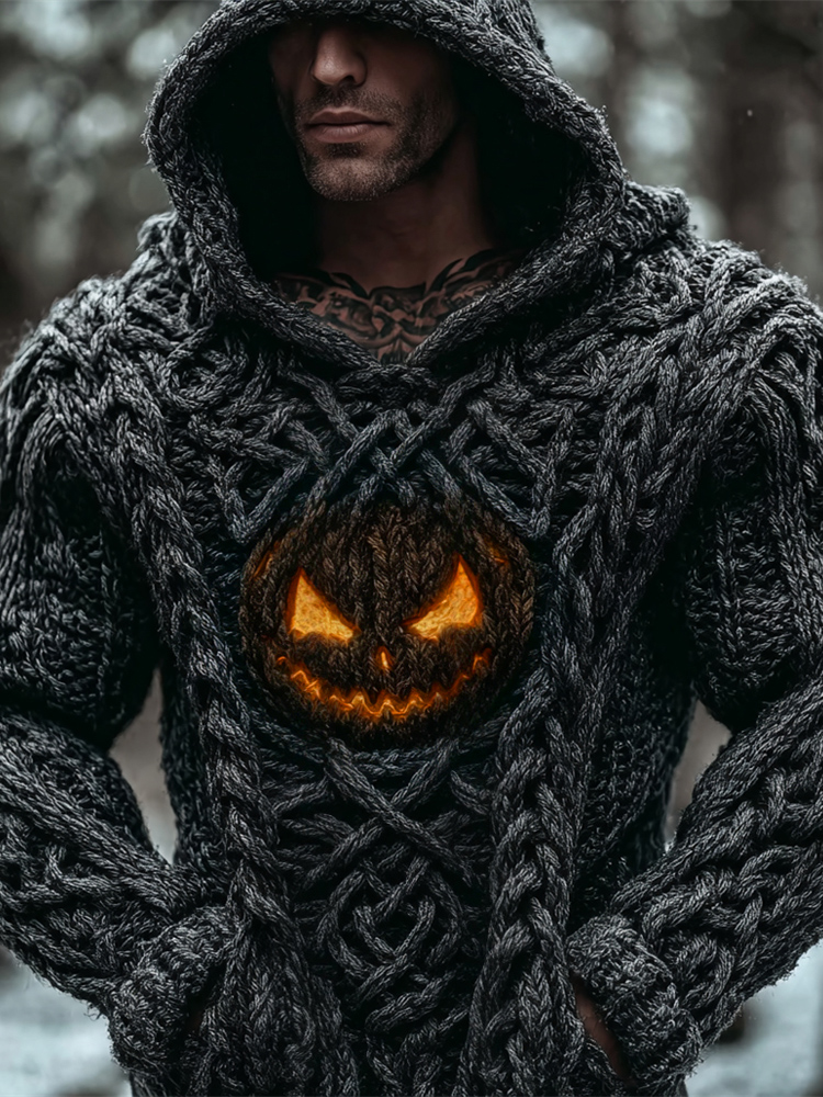 Halloween Viking Evil Pumpkin Light Men's Chunky Knit Hooded Sweater