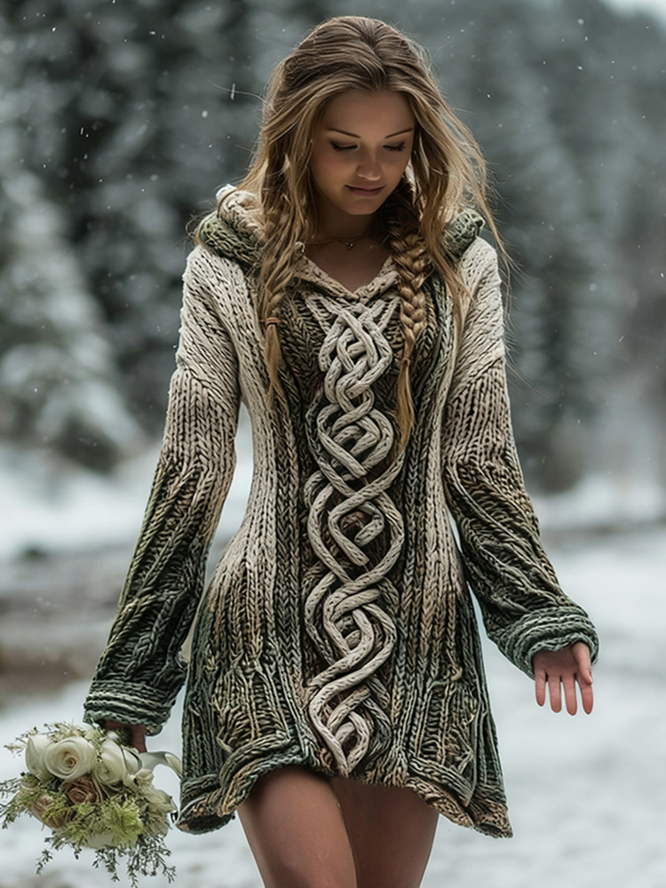 Women's Irish Celtic Knot Celtic Knot Gradient Art Cozy Knit Mini Hooded Sweater Dress