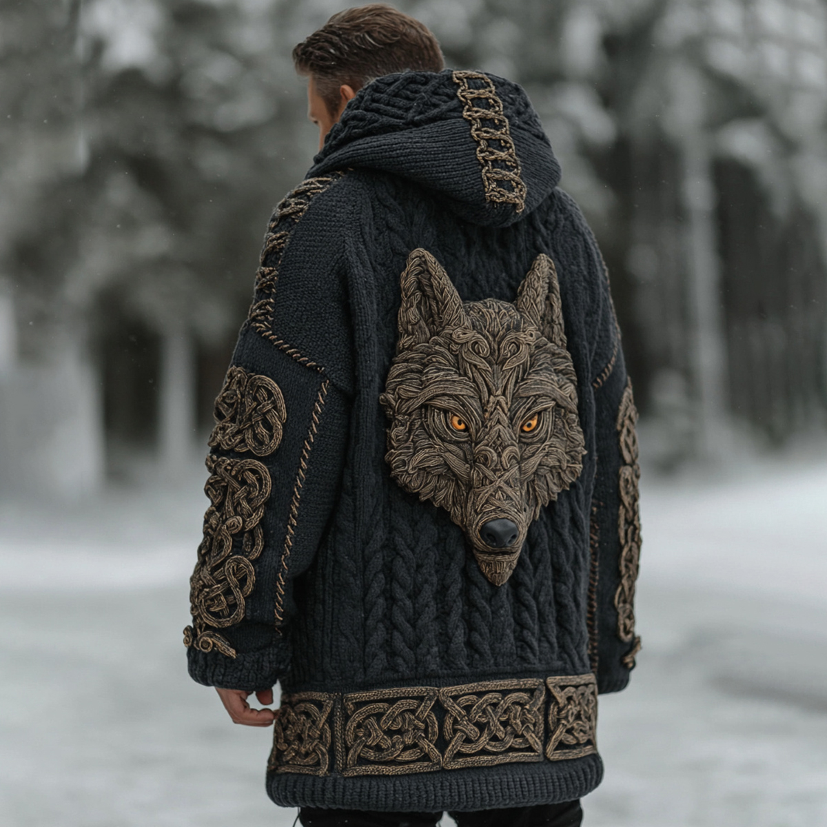 Men's Vintage Viking Celtic Knot Wolf Jacquard Knit Hooded Zipper Sweater Cardigan