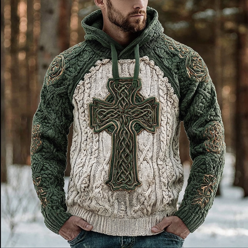 Men's Viking Irish Celtic Cross Knot Knit Hooded Sweater