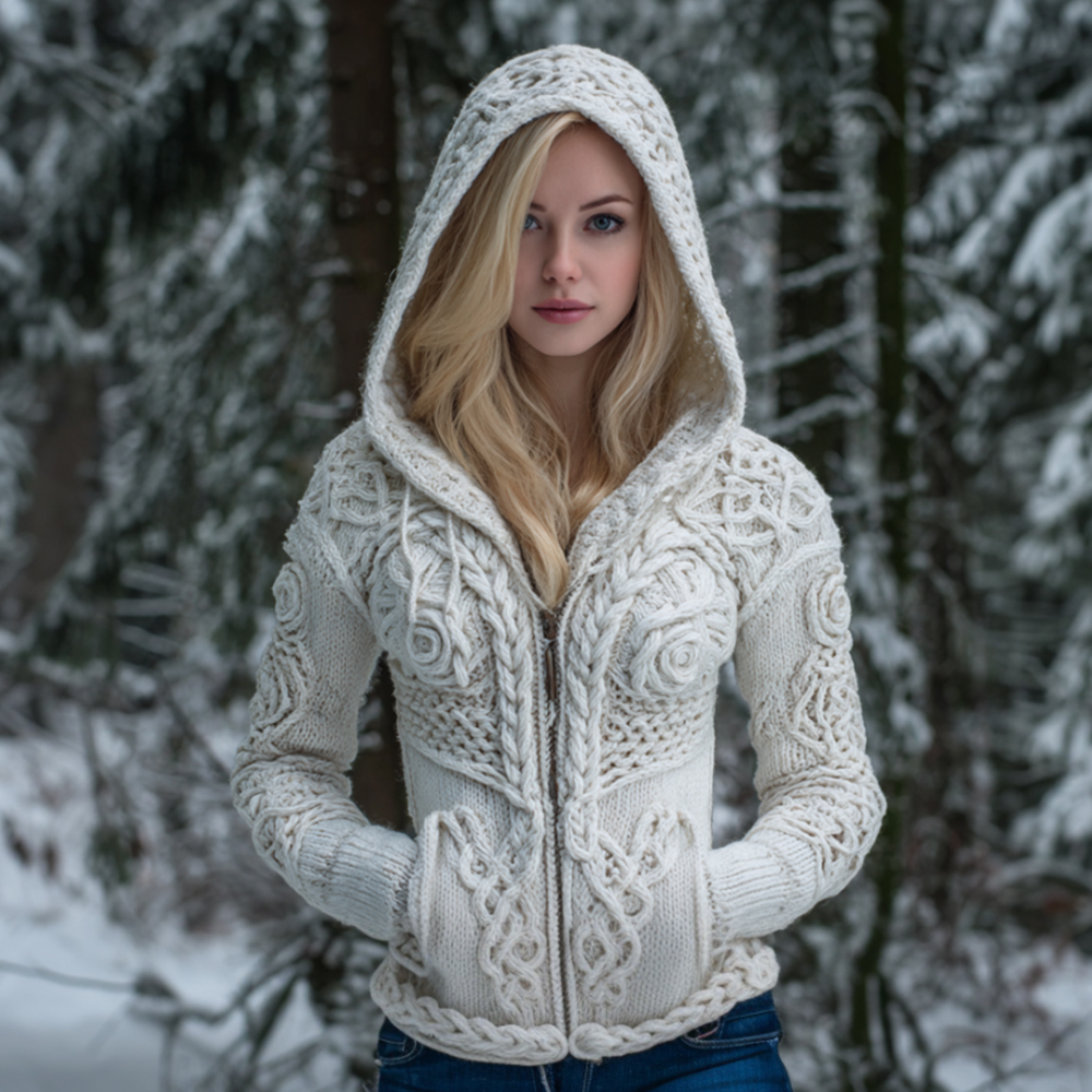 Women's Viking Style Celtic Knot Snow-white Hooded Cardigan Sweater
