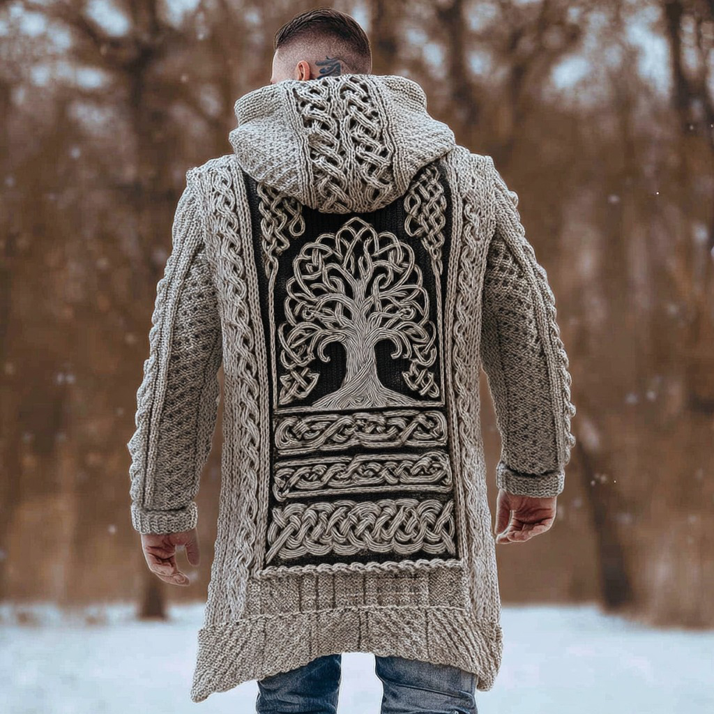 Men's Viking Celtic Knot Jacquard With Tree Of Life Knit Zipped Aran Sweater Hooded Cardigan