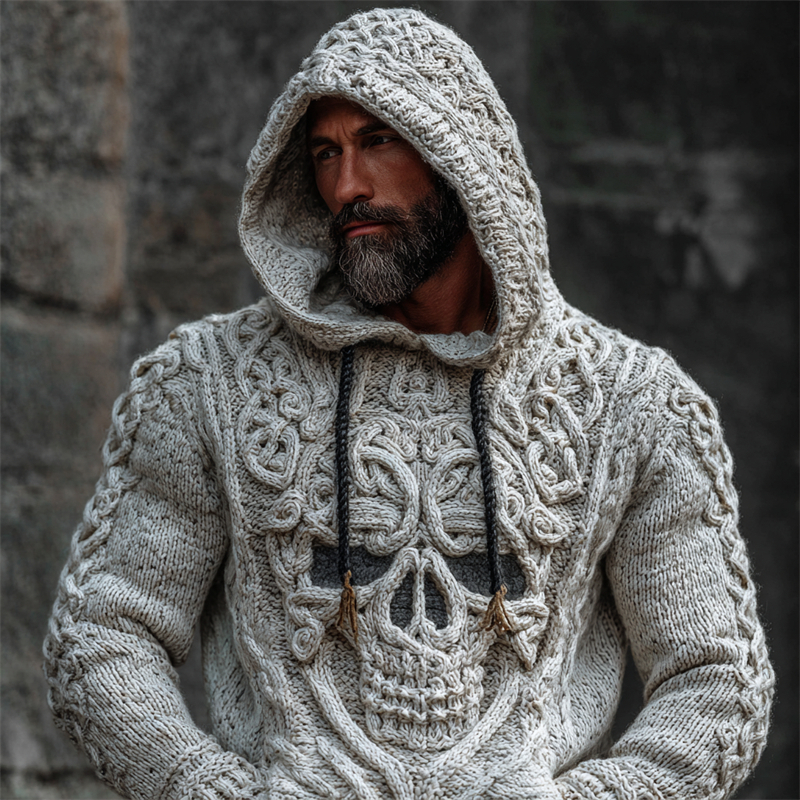 Men's Viking Celtic Skull Hooded Cozy Chunky Sweater