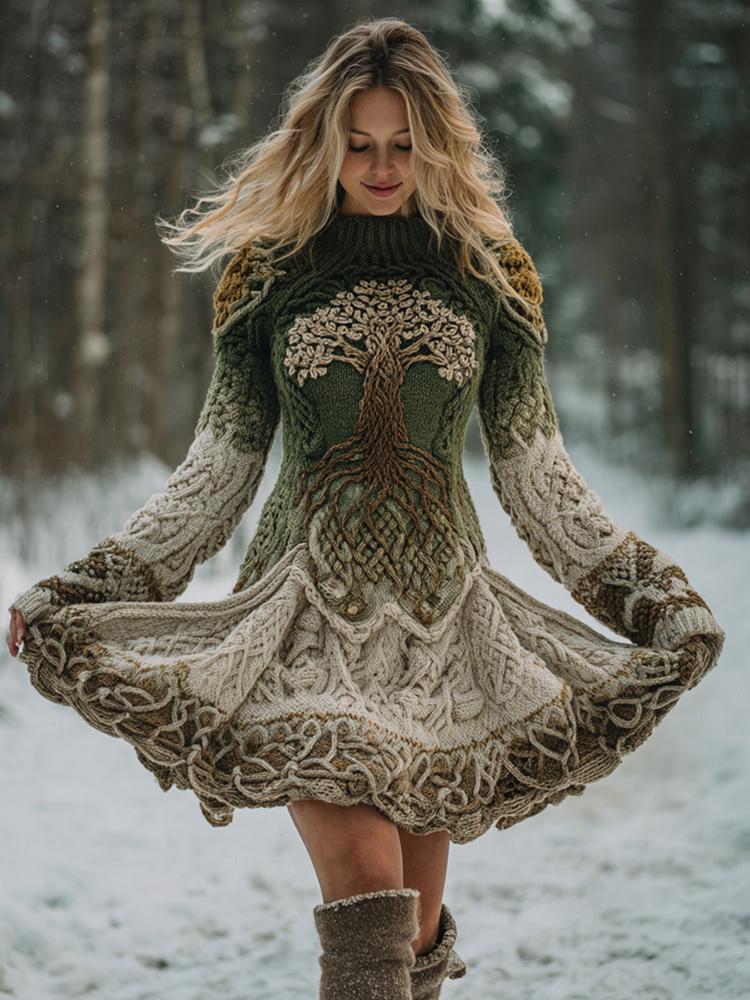 Celtic Knot Tree Of Life Jacquard Thick Knit Midi Dress