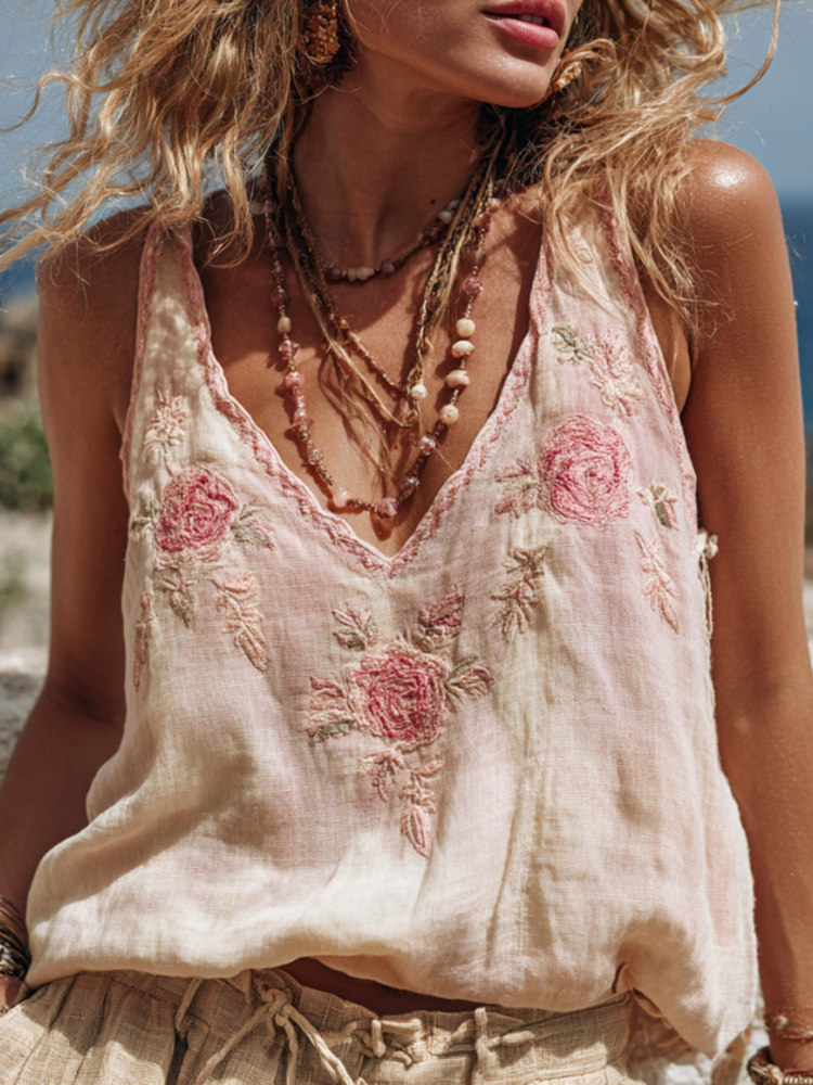 Women��s Pink Rose Embroidery V-neck Tank Top