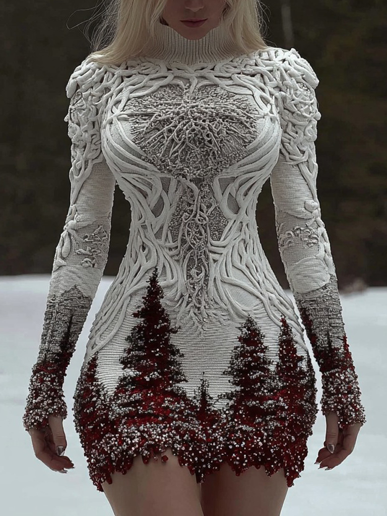 Women's Christmas Tree Forest Celtic Knot Jacquard Knit Turtleneck Mini Sweater Dress