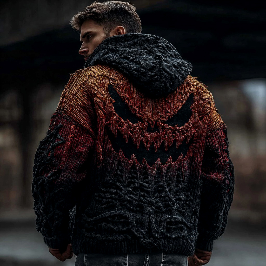 Viking Halloween Scared Pumpkin Face Jacquard Knit Twist Zip Hooded Sweater Cardigan