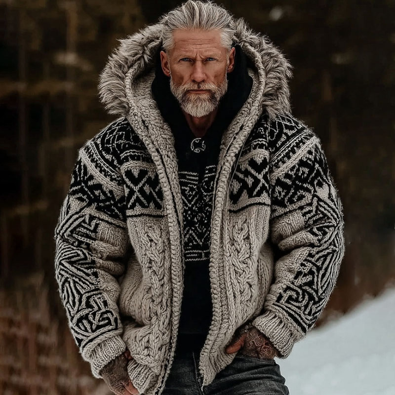 Men's Viking Celtic Art Cozy Fur Collar Knit Hooded Sweater Jacket