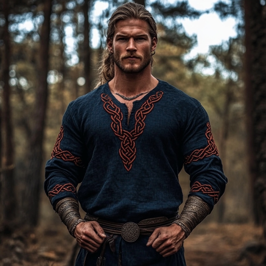 Men's Vintage Viking Celtic Knot Totem Linen V-neck Shirt