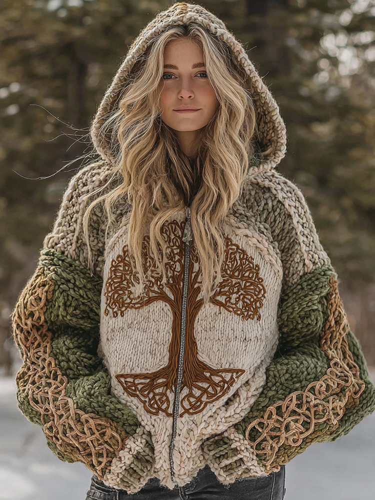 Vintage Viking Celtic Knot Tree Of Life Hooded Cozy Cardigan