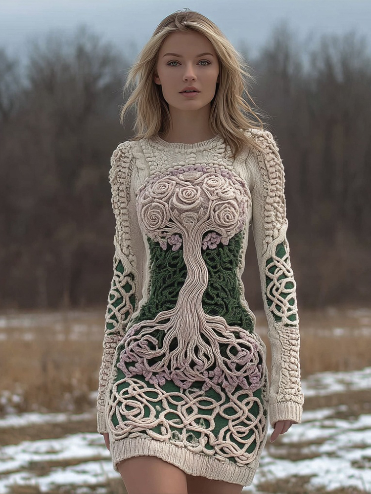 Viking Tree Of Life Pattern Vintage Mini Sweater Dress