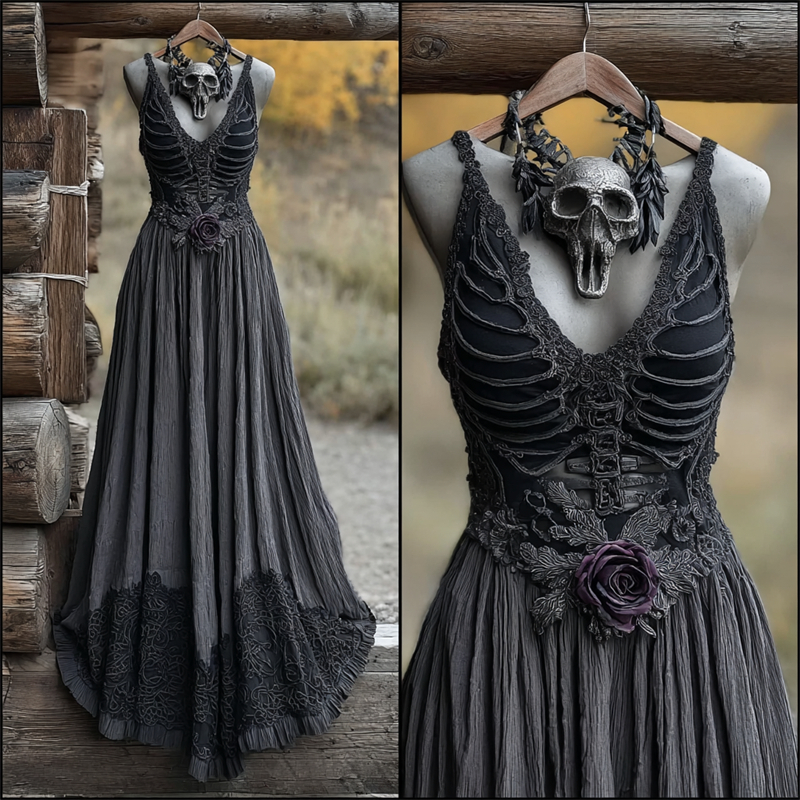 Vintage Rib Cage Purple Rose Linen Cami Maxi Dress