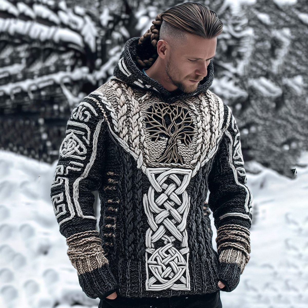 Men's Viking Tribal Jacquard Celtic With Tree Of Life Inspired Chunky Knit Hooded Sweater