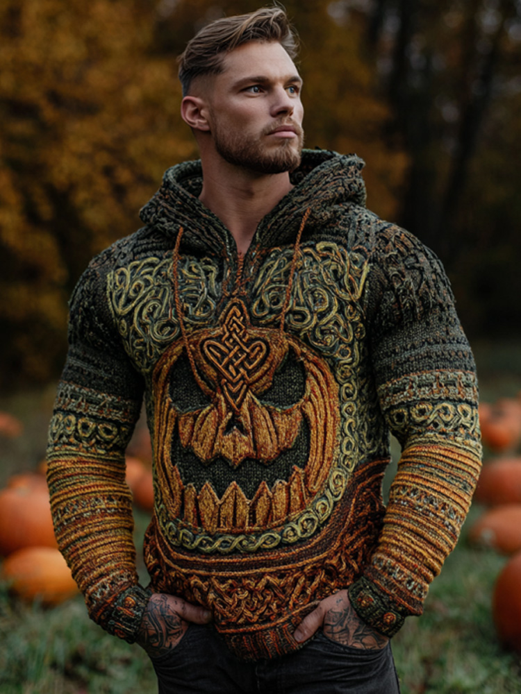 Men's Vintage Halloween Viking Embroidered Sweater