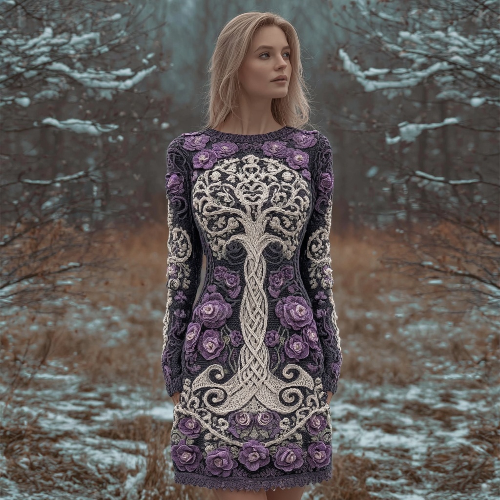 Floral Tree Of Life Pattern Vintage Mini Sweater Dress