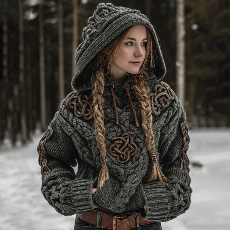 Women's Vintage Celtic Knot Knit Casual Hooded Sweater