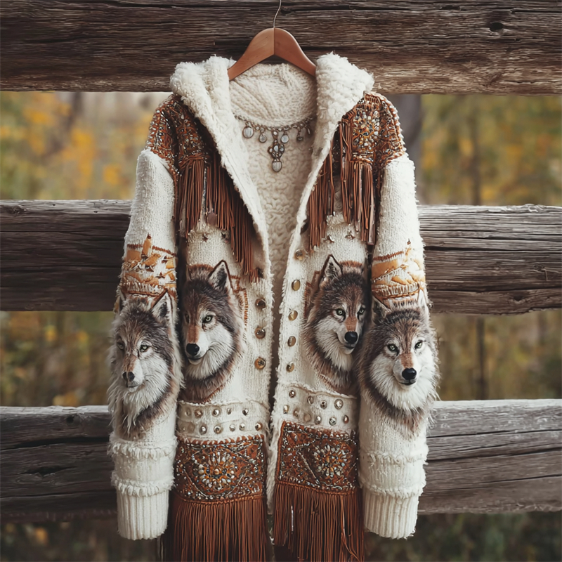 Vintage Western Wolf Contrast Tassels Cozy Hooded Cardigan