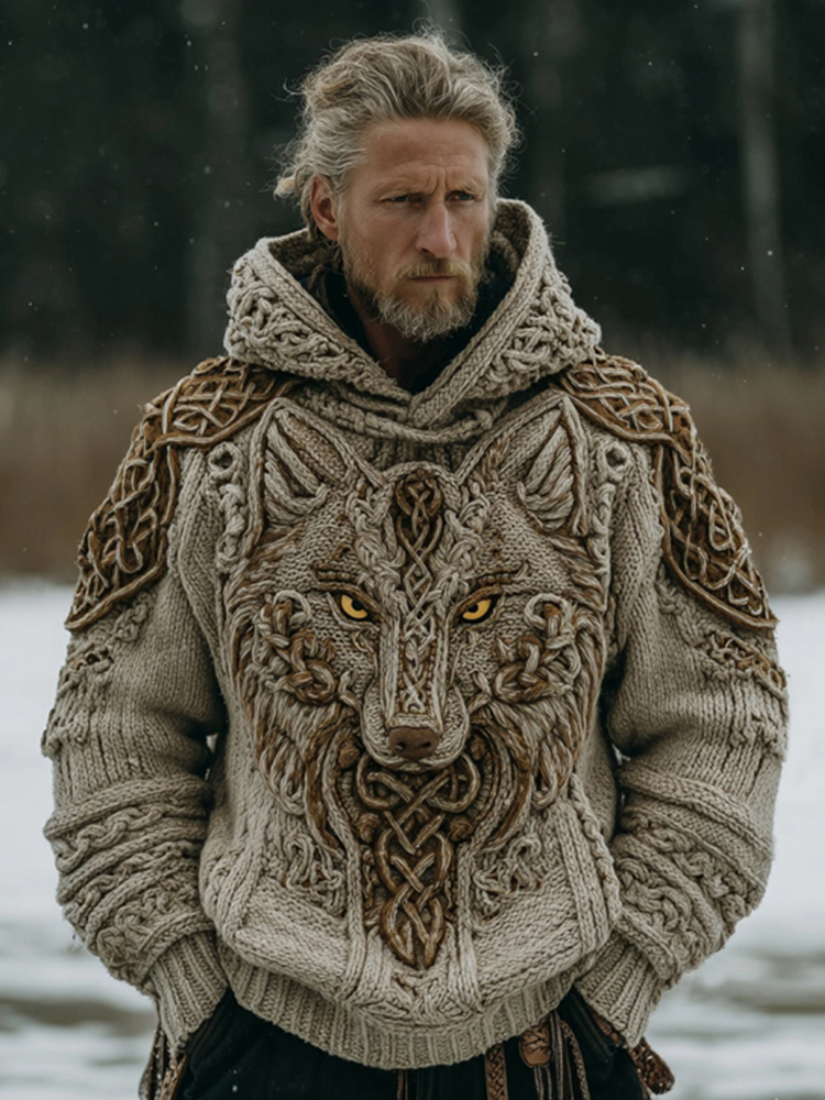Men's Vintage Viking Wolf Celtic Knot Art Cozy Knit Hooded Sweater