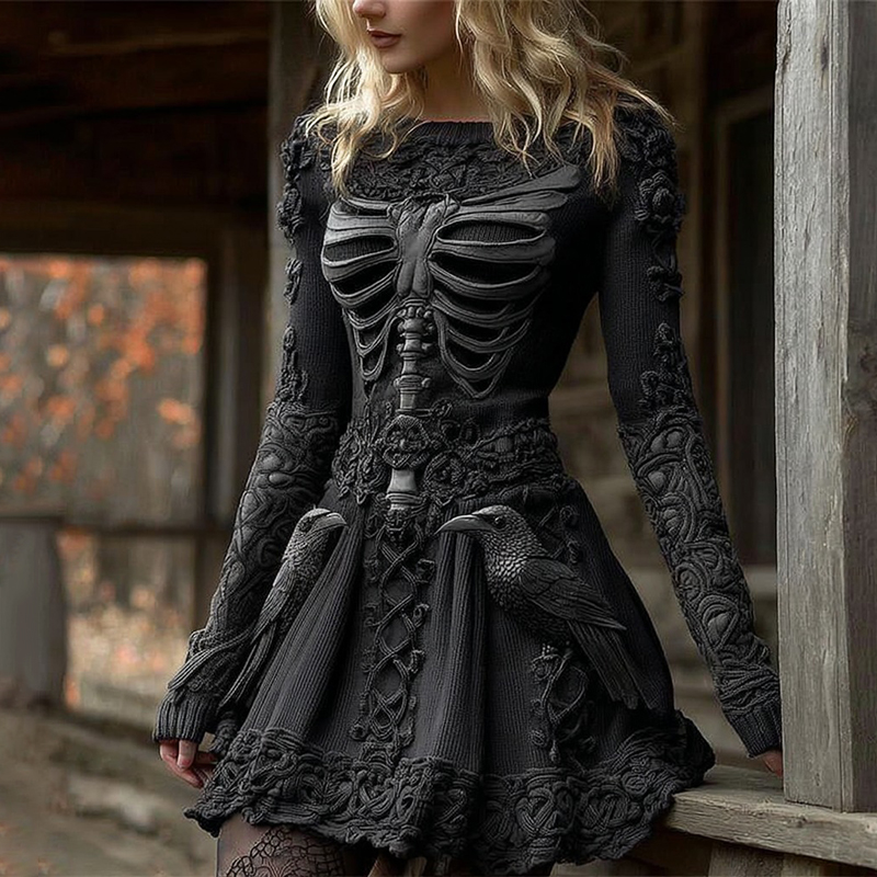 Women's Halloween Viking Raven Celtic Knot Skeleton Knit Mini Sweater Dress