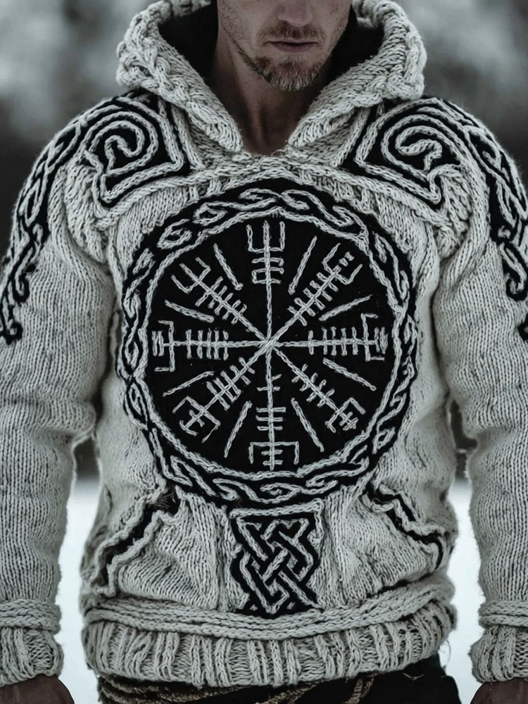Men's Viking Compass Celtic Chunky Knit Hooded Sweater