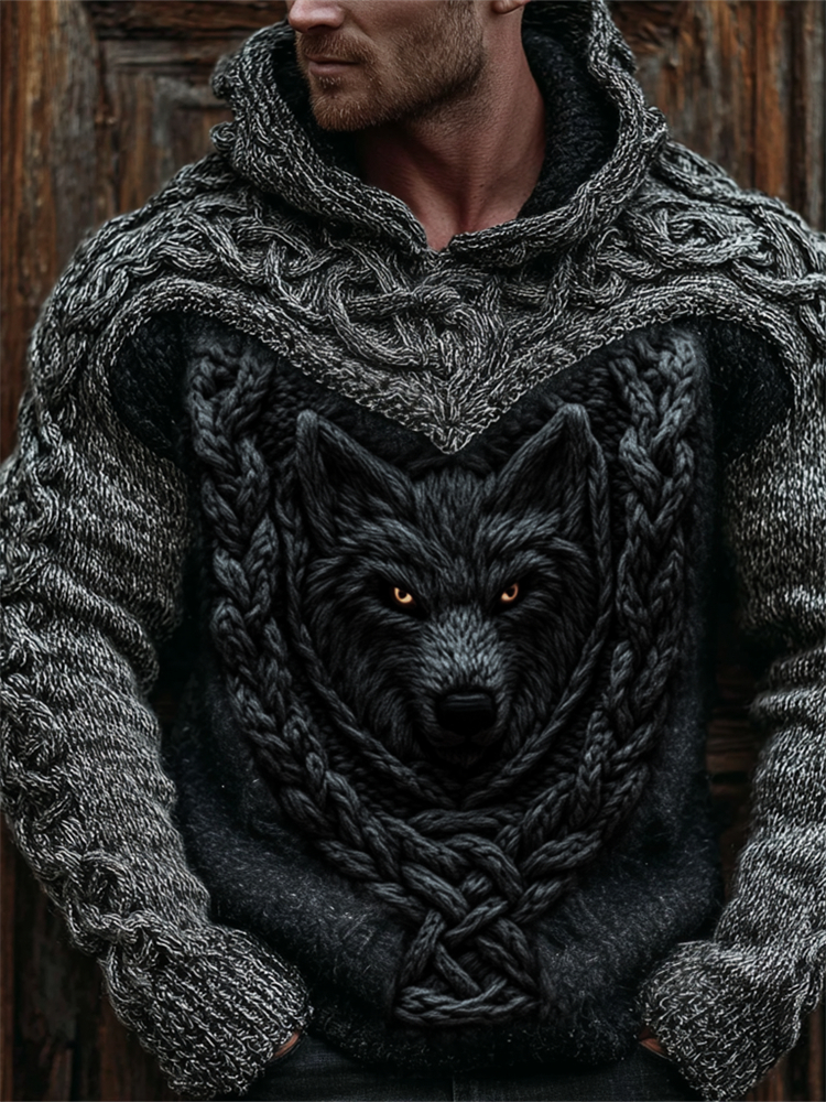 Men's Viking Wolf Celtic Crochet Hooded Cozy Chunky Sweater