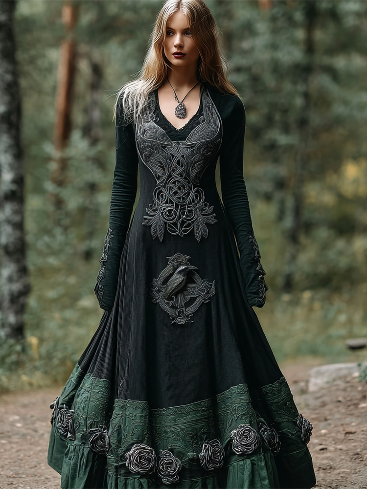 Halloween Crow & Rose Art Women's V-neck Long-sleeve Maxi Dress