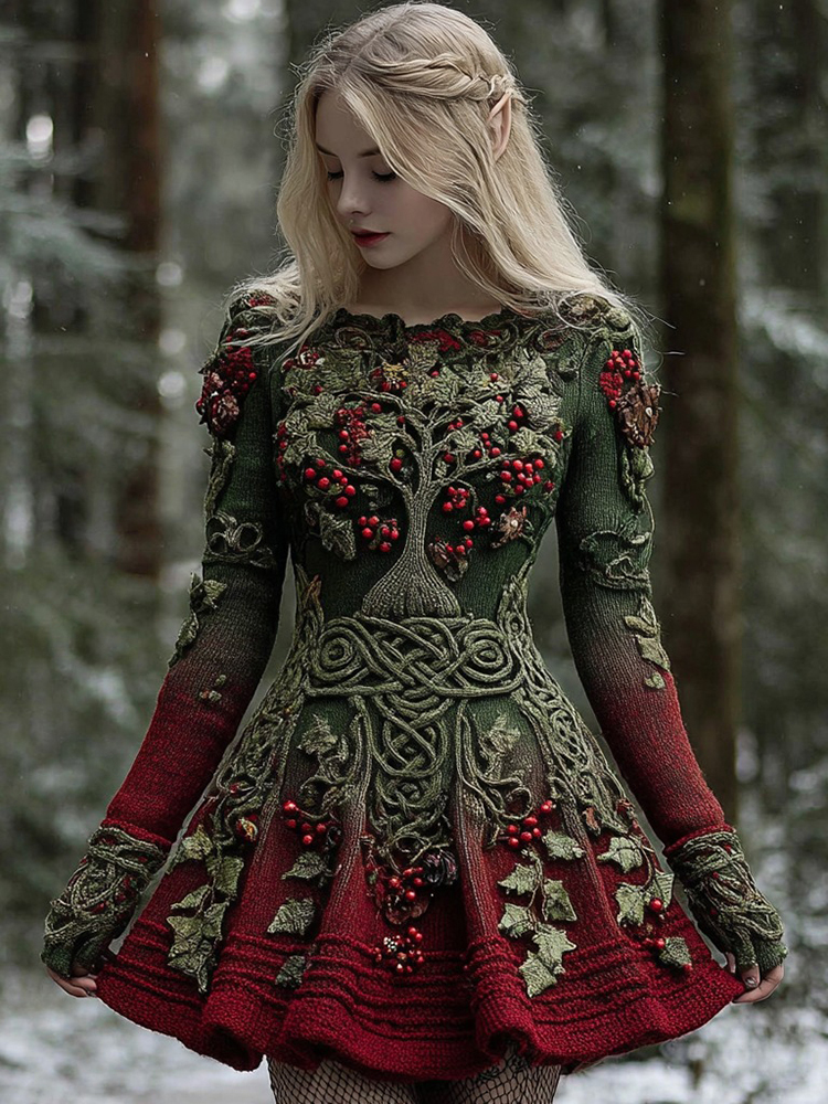 Women's Christmas Holly Leaves Life Of Tree Gradient Celtic Knitted Midi Dress