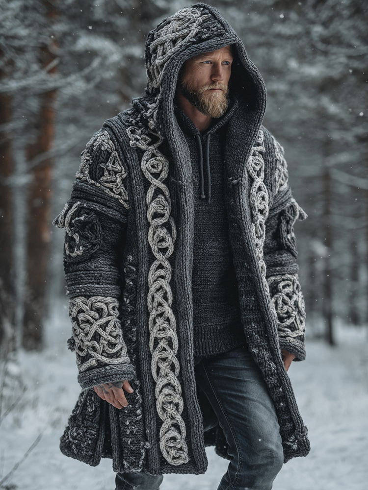 Men's Viking Style Celtic Knot Pocket Midi Cardigan Sweater
