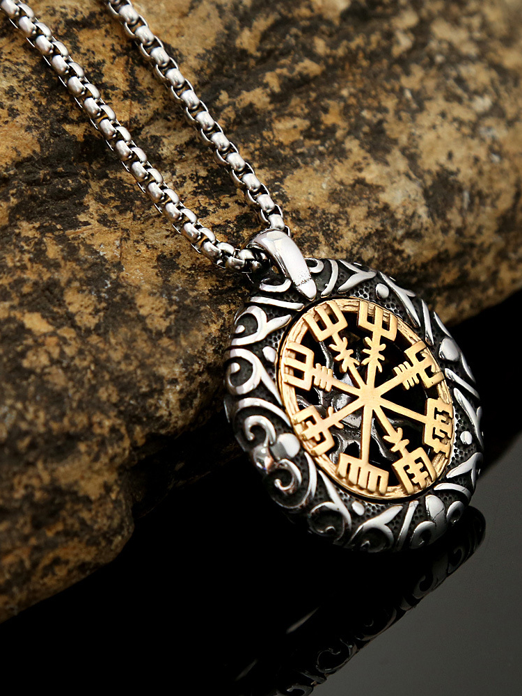 Vintage Pendant Hollow Compass Titanium Steel Men's Viking Necklace