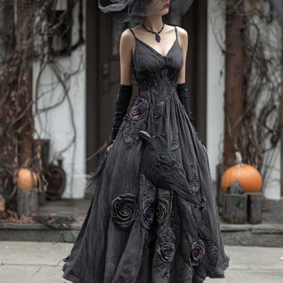 Halloween Dark Crow Witch Design Women Cotton And Linen Dress