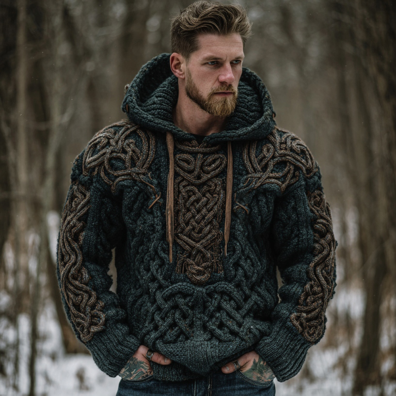 Men's Viking Celtic Knot Jacquard Knitted Hooded Sweater