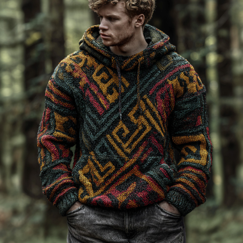 Men's Retro Geometric Line Embroidered Hooded Sweater