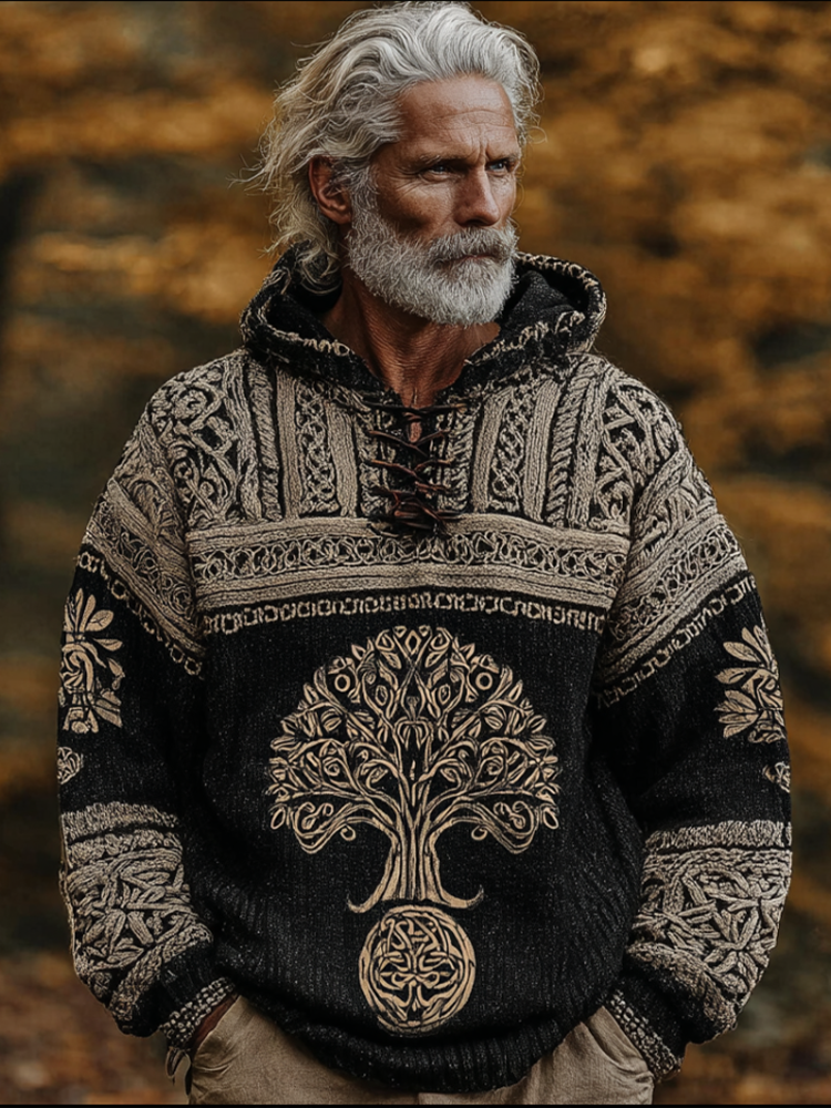 Viking Retro Life Tree Men's Hooded Thick Sweater