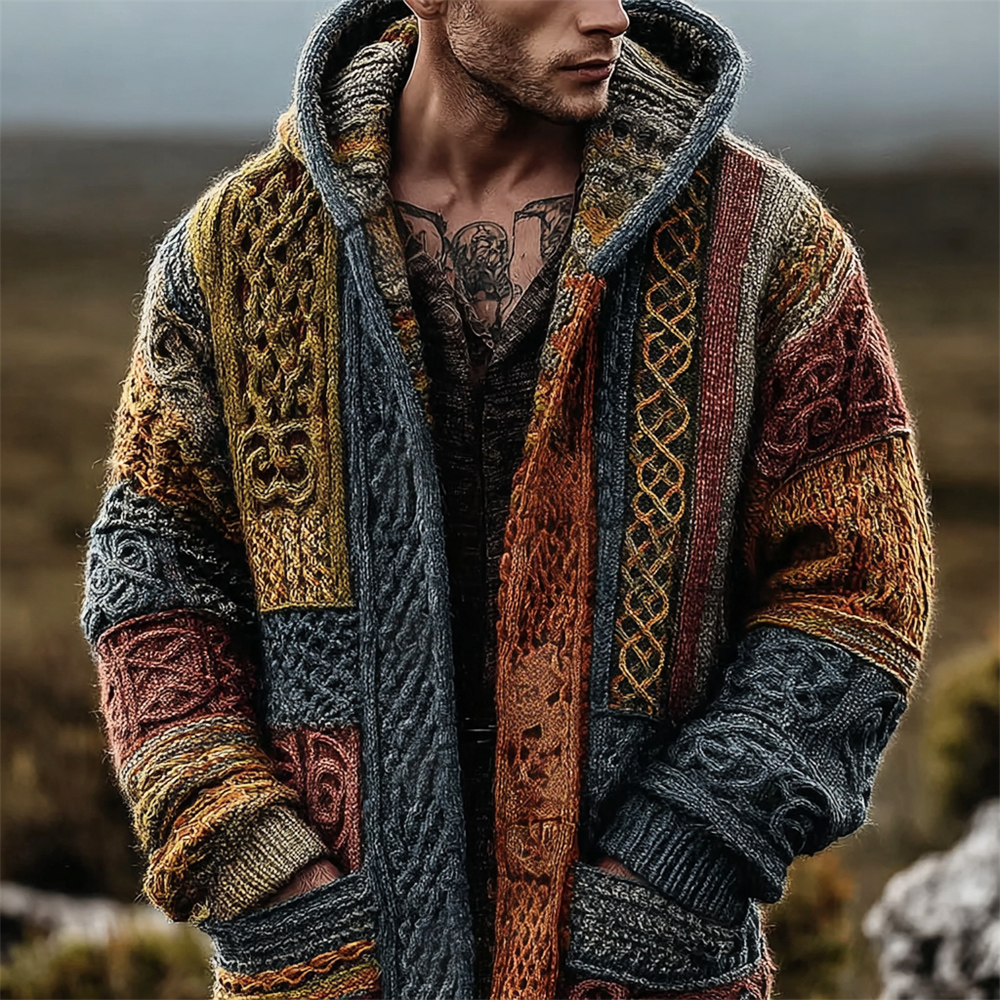 Viking Celtic Knot Vintage Geometric Art Men's Knit Hooded Cardigan