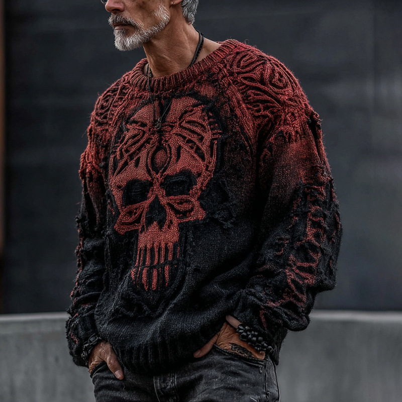 Men's Halloween Skull Gradient Cozy Knit Pullover Sweater