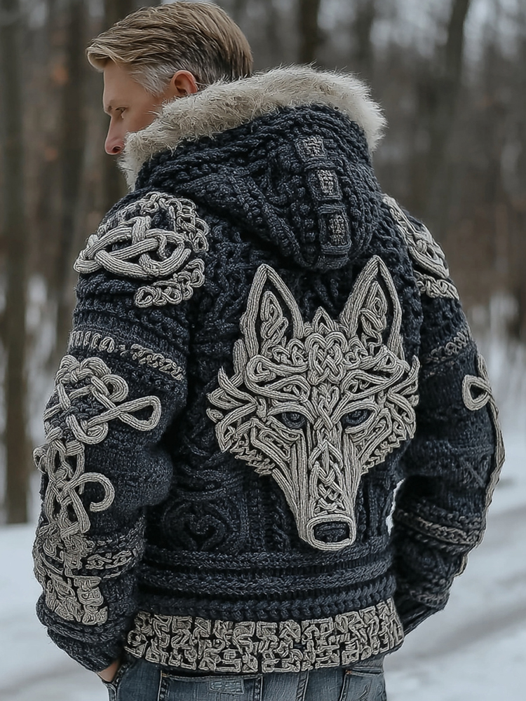 Men's Retro Viking Wolf Jacquard Hooded Knit Sweater Jacket