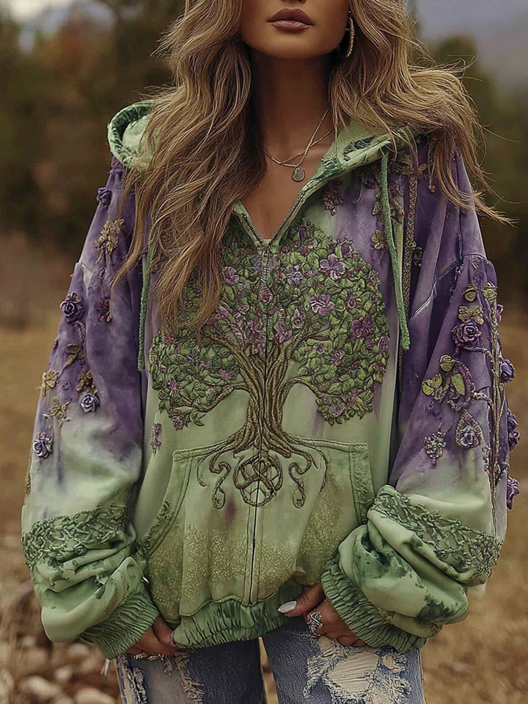 Women's Vintage Viking Celtic Knot Tree Of Life Art Gradient Zip Hoodie