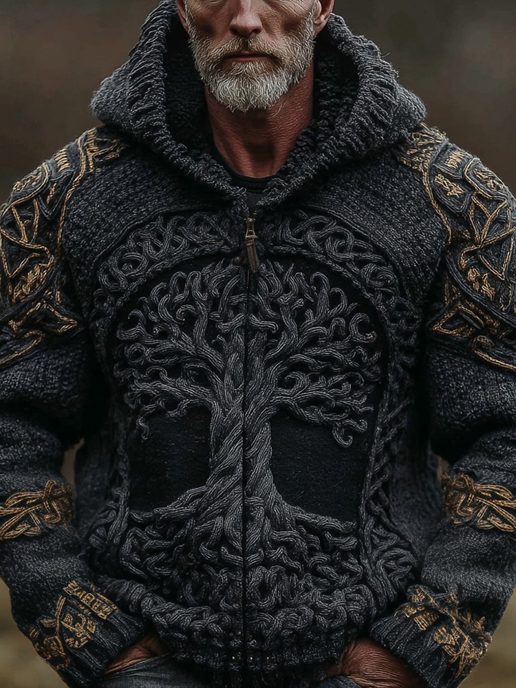 Men's Vintage Viking Life Of Tree Jacquard Knit Zipper Aran Sweater Hooded Cardigan