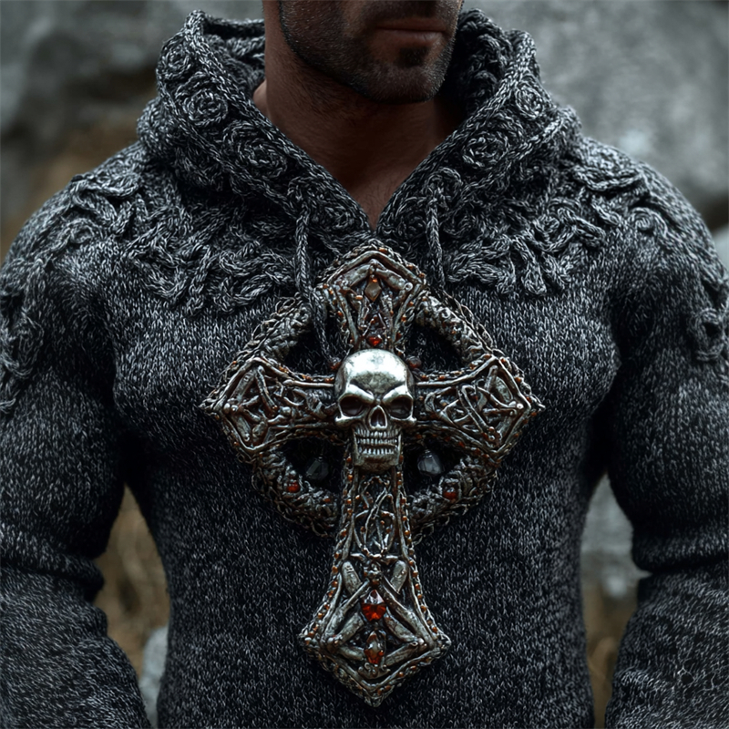 Men's Vintage Skull Cross Celtic Cozy Chunky Hooded Sweater