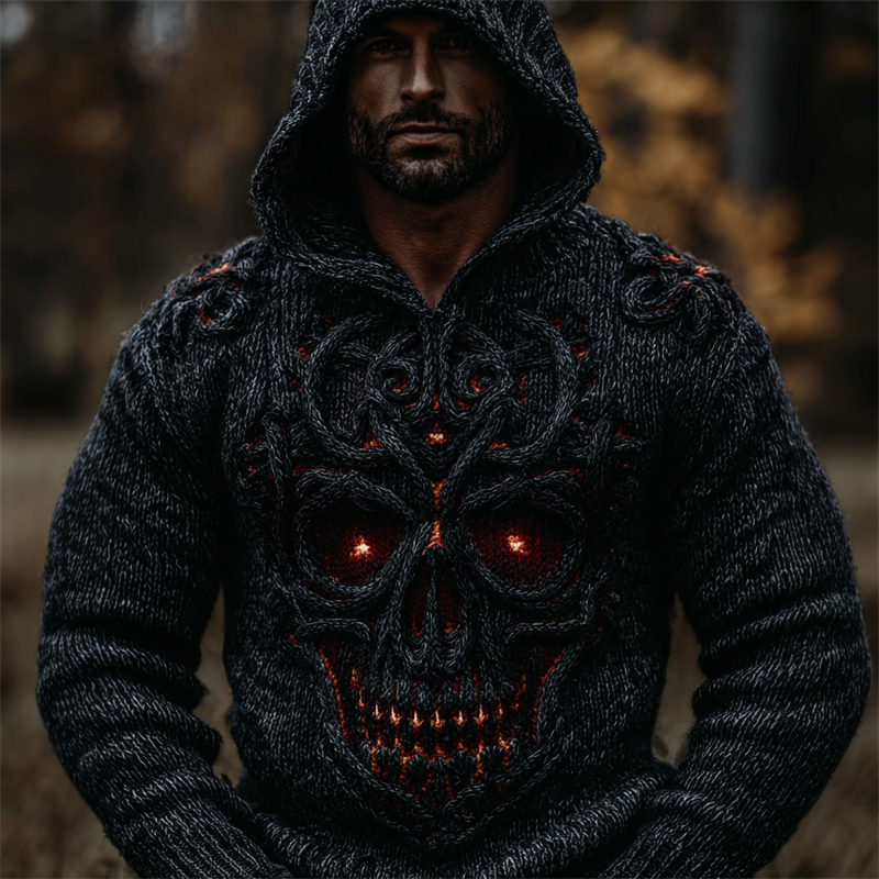 Men��s Vintage Celtic Skull Cozy Chunky Hooded Sweater