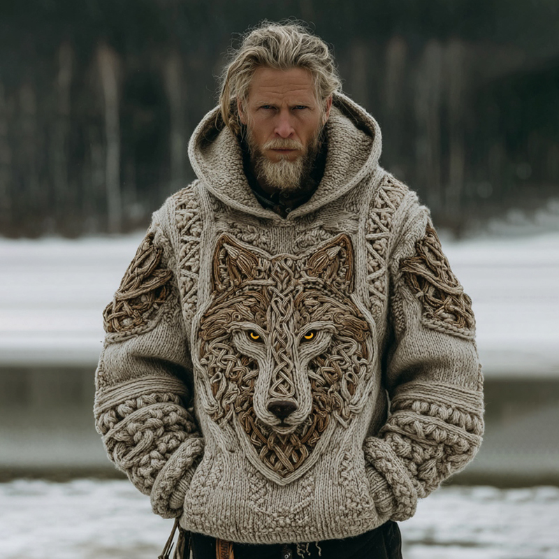 Men's Vintage Viking Wolf Art Cozy Knit Hooded Sweater